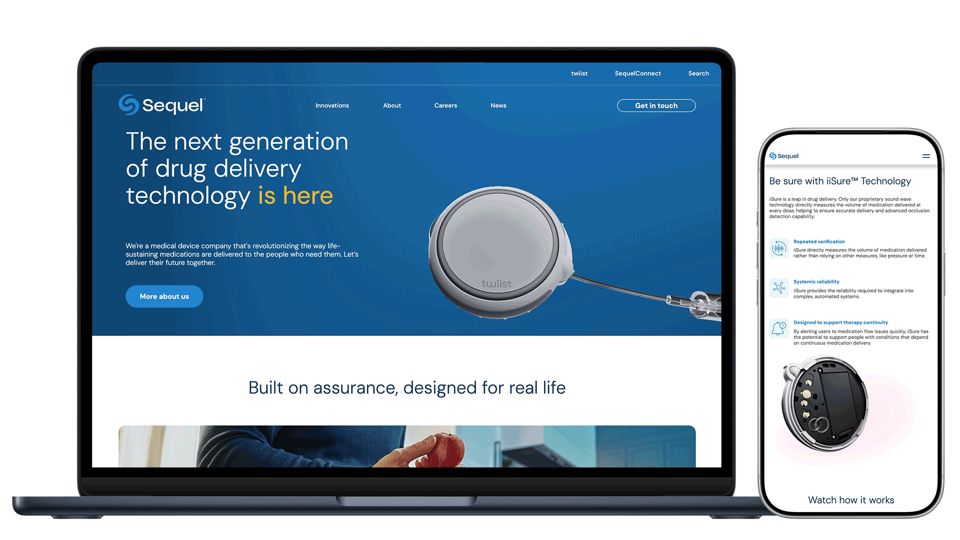 Animated laptop and phone mockups of the redesigned Sequel website